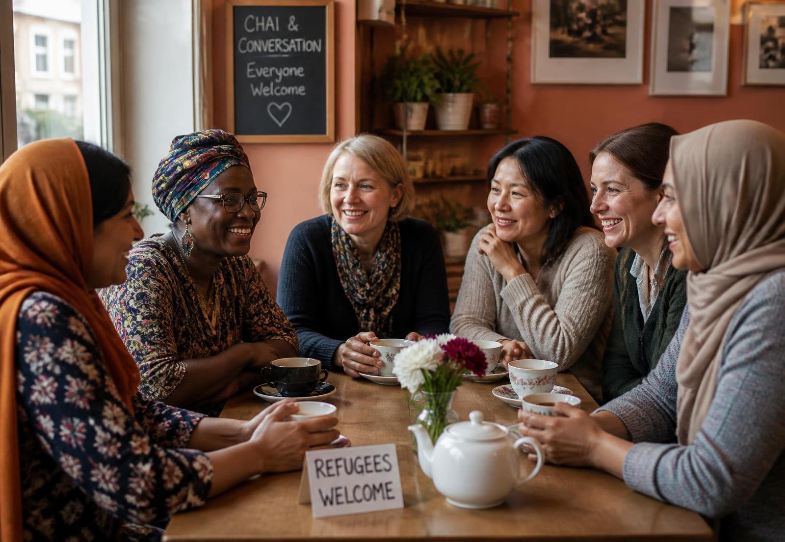 Women from many cultural backgrounds chatting and laughing over cups of tea in a community café